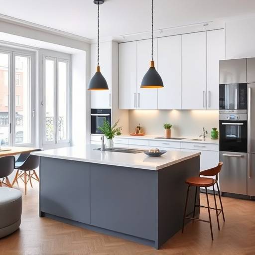 Cocina totalmente equipada con isla central en un apartamento en Barcelona