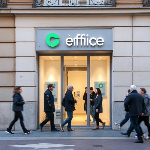 Fachada de la oficina de Soluciones Inmobiliarias Ib&eacute;ricas en Madrid, con un letrero visible y gente entrando y saliendo