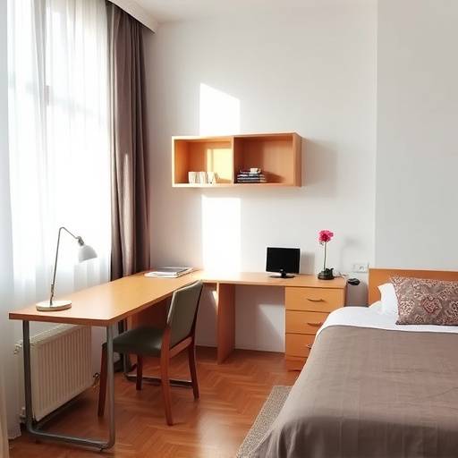 Interior de un estudio amueblado con escritorio y cama en Sevilla