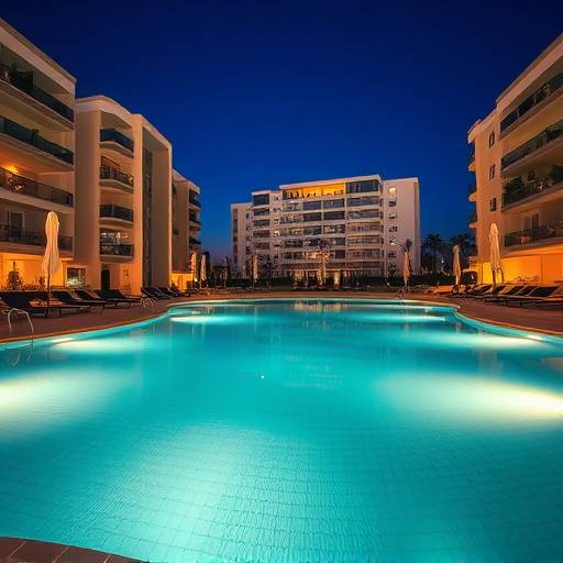Piscina iluminada por la noche en una urbanizaci&oacute;n de lujo en Valencia